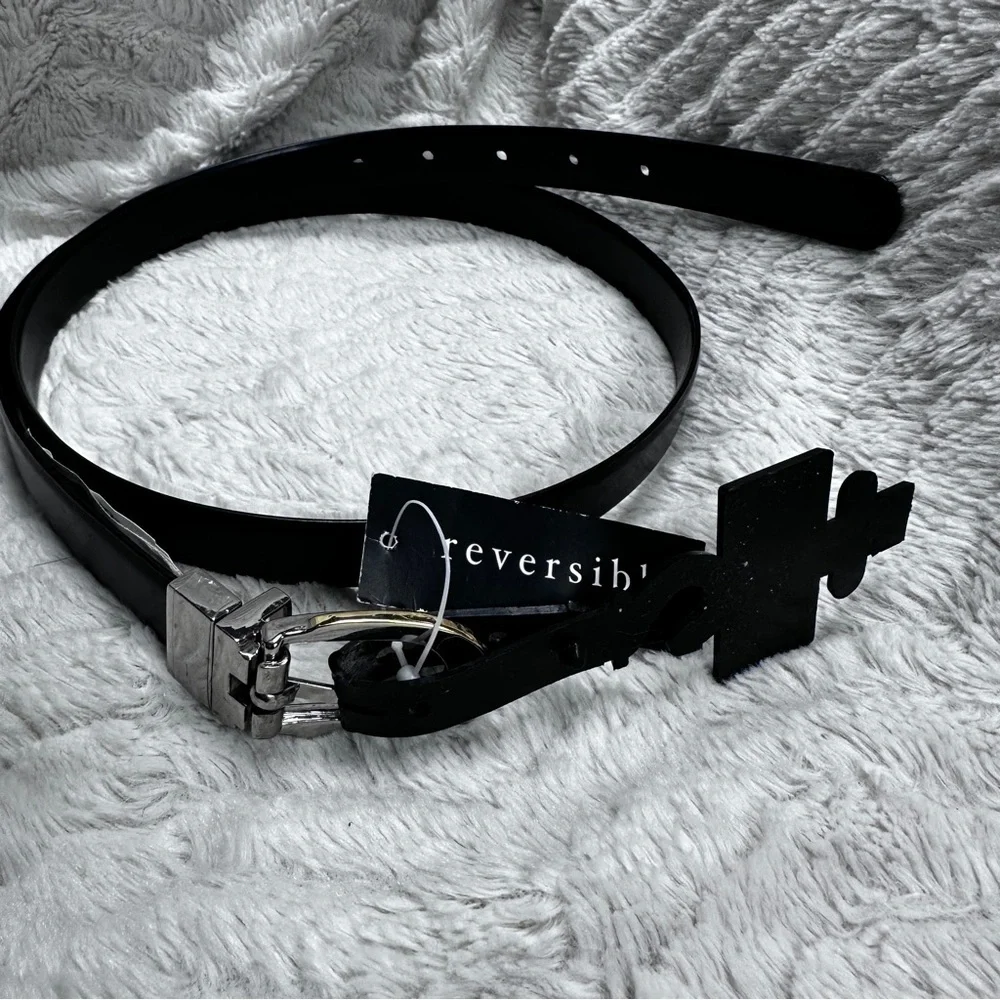 Liz & Co. Brown and Black Leather Reversible Skinny Belt, Gold & Silver  L, NWT